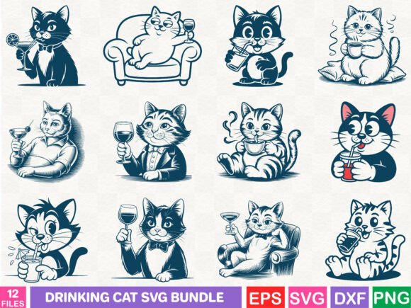 A Drinking Cat Bundle for Graphics and Illustrations